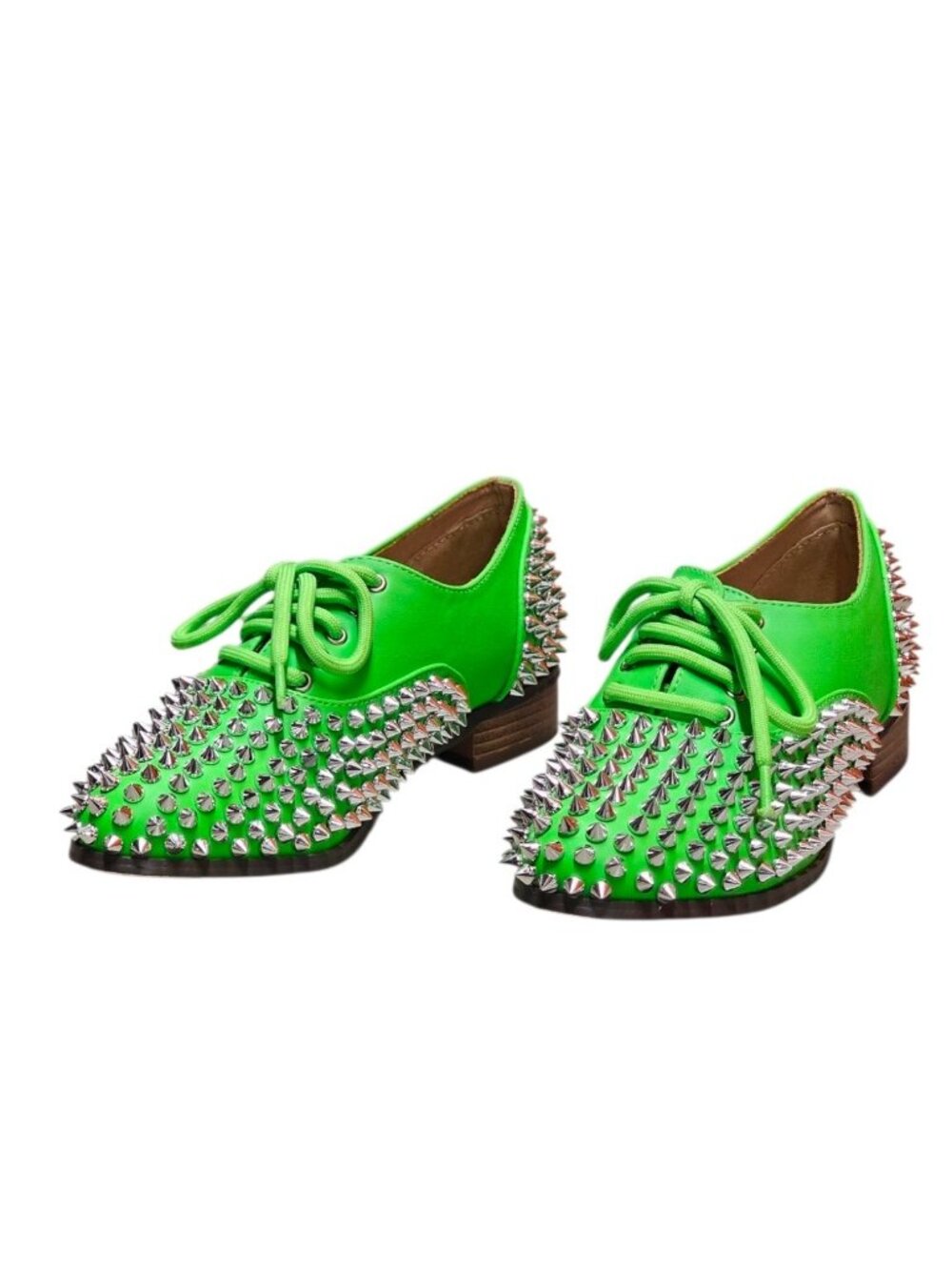 Studded Green Lace-Up Oxford Shoes With Silver Spikes & Wooden Heel - Picture 10 of 16